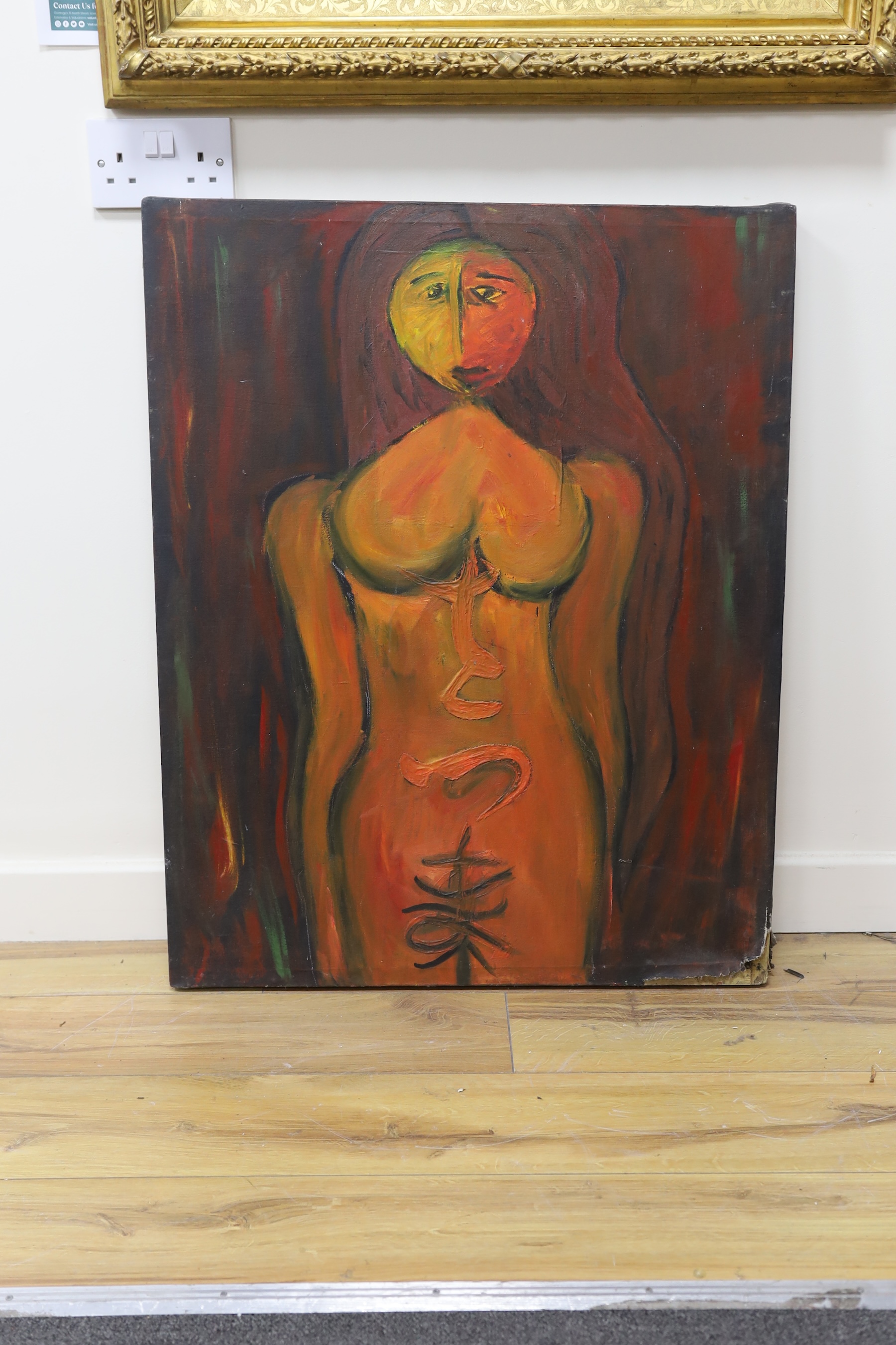 Modern British, oil on canvas, Study of a female nude, unsigned, 83 x 66cm, unframed